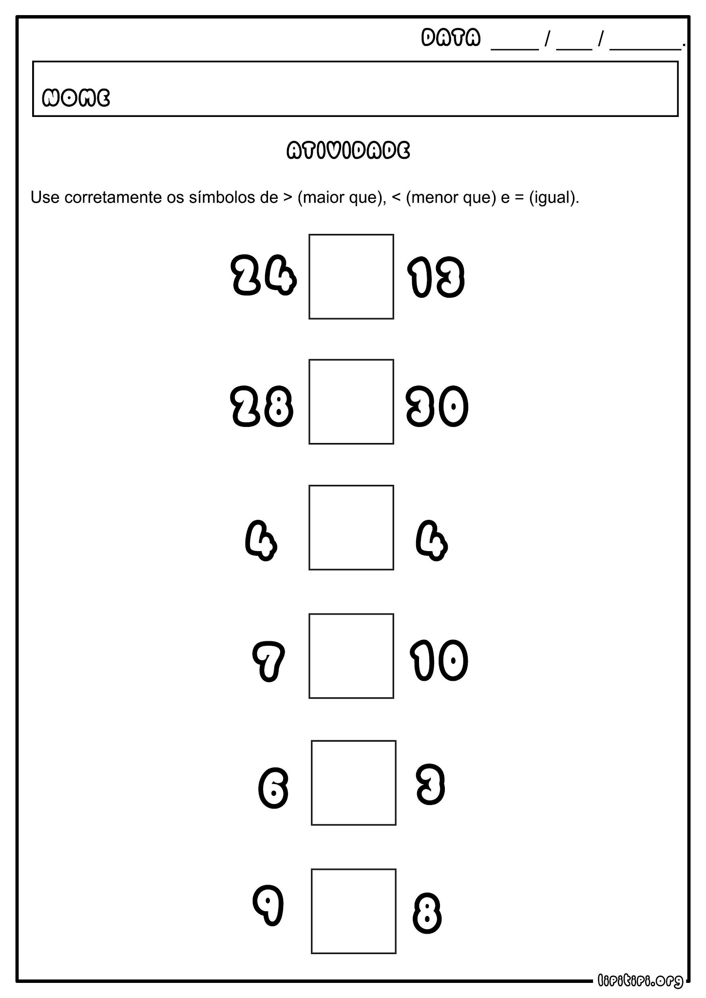Matemática símbolos maior, menor e igual para crianças, kids inglês e  português 