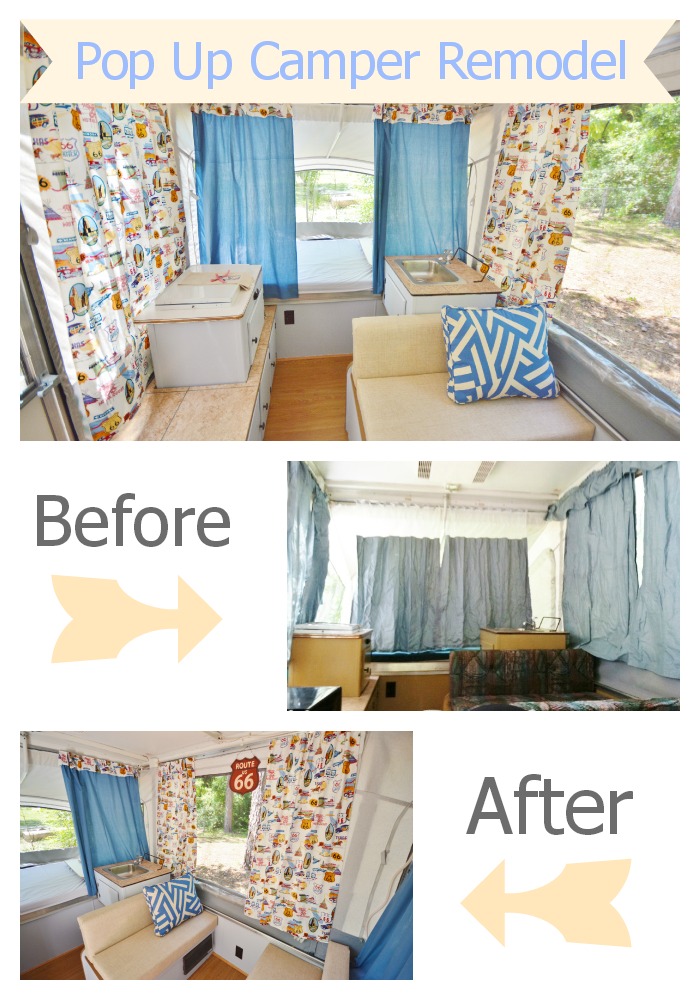 Pop up camper remodel. Before and after shots as well as #DIY tutorials for curtains and cushion covers. #camping #travel