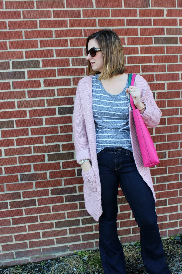 blush pink cardigan, how to wear jeans to work