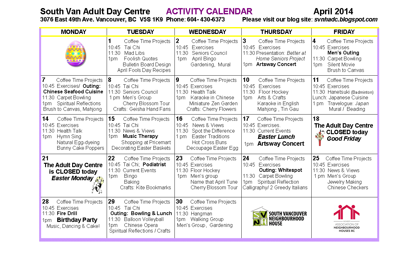 South Vancouver and Beulah Adult Day Programs: April Calendars for