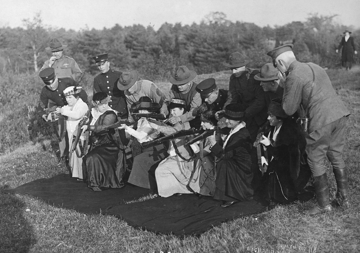 Original caption: Wives and mothers of men at the front, being instructed in shooting at the Wakefield rifle range in Wakefield, Massachusetts, by Major Portal and U.S. Marines.