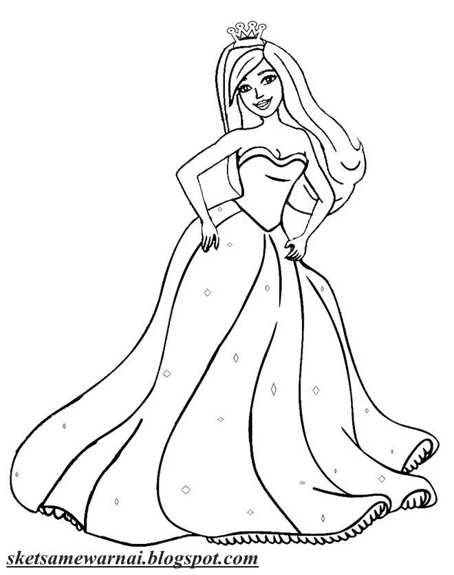 Sketsa Mewarnai Gambar Barbie Princess Gaun Indah Menawan Rapunzel