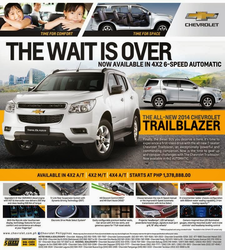 Updated Chevrolet Philippines Updates Trailblazer For 2014 Introduces 6at For 4x2 Lt W Specs Carguide Ph Philippine Car News Car Reviews Car Prices