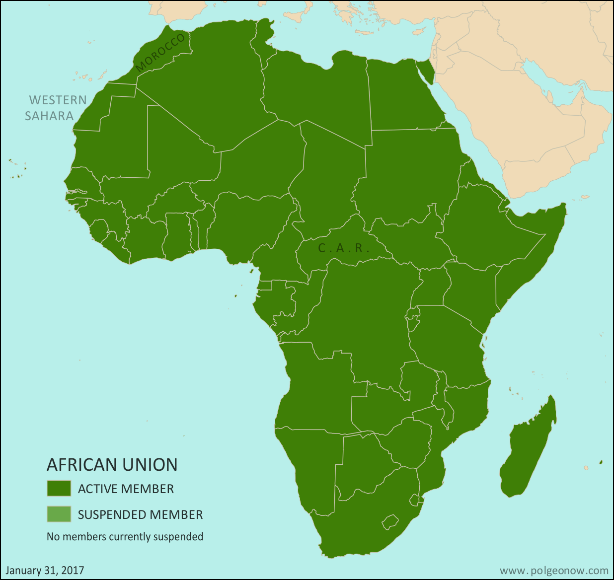 African Union: Map of Africa showing which countries are in the African Union, including active and suspended member countries, updated for the January 2017 admission of Morocco as a member, as well as the April 2016 lifting of the Central African Republic's (CAR) suspension (colorblind accessible).