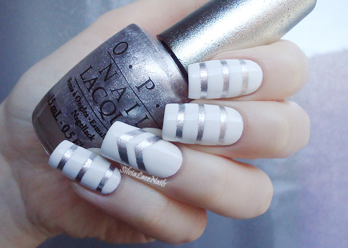 Silvia Lace Nails White and silver stripes nail art