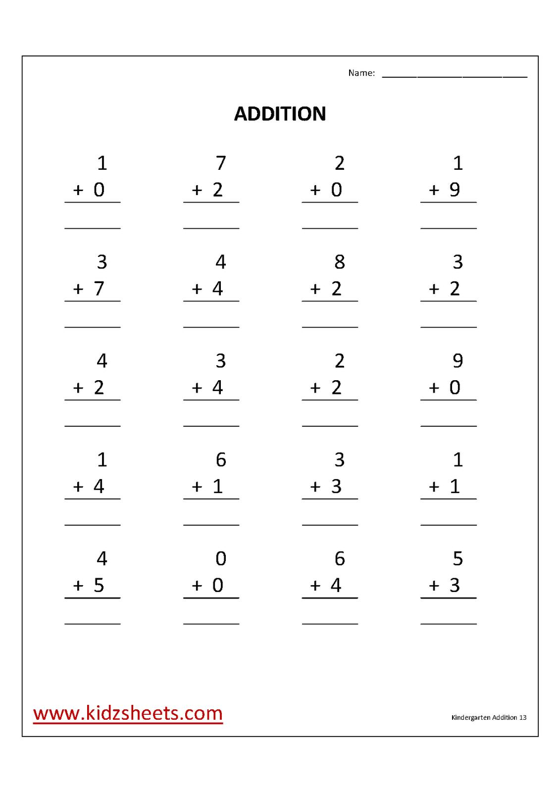 Kidz Worksheets: Kindergarten Addition Worksheet13 - Kidz Worksheets: Kindergarten Addition Worksheet13