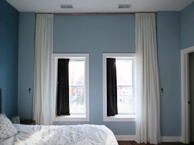 extra long theatrical gauze curtains in bedroom