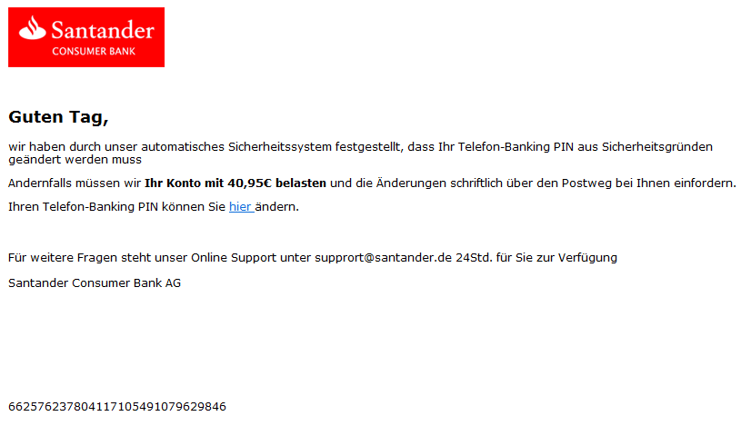 Phishing Mail Alerts Santander Telebanking Pin Aktualisierung