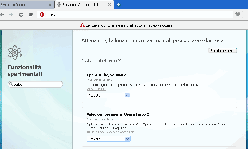 Opera Next attivare funzione Opera Turbo 2