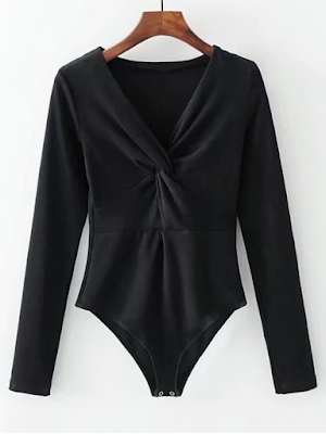 Long Sleeve Skinny Twist Bodysuit - Black