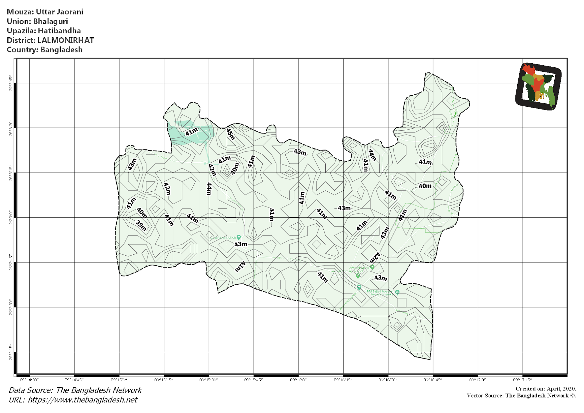 Map of Uttar Jaorani Mouza of Hatibandha Upazila, LALMONIRHAT, Bangladesh.