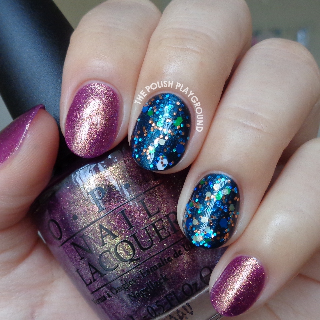 Golden Purple with Blue Glitter Layering Nail Art