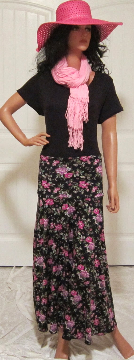 Purple and Black retro floral maxi skirt, stretch knit jerseyf