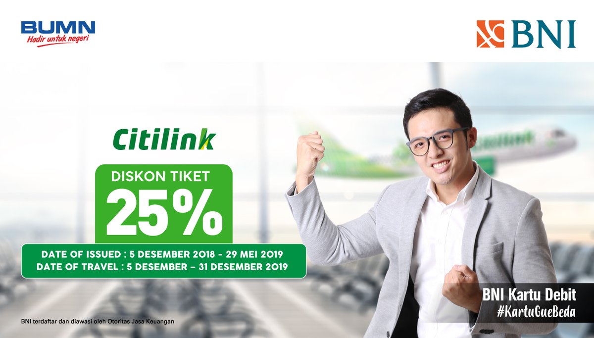 #BankBNI - Promo Diskon 25% Setiap Rabu di Citilink Pakai Debit BNI (s.d 29 Mei 2019) #BankBNI - Promo Diskon 25% Setiap Rabu di Citilink Pakai Debit BNI (s.d 29 Mei 2019)