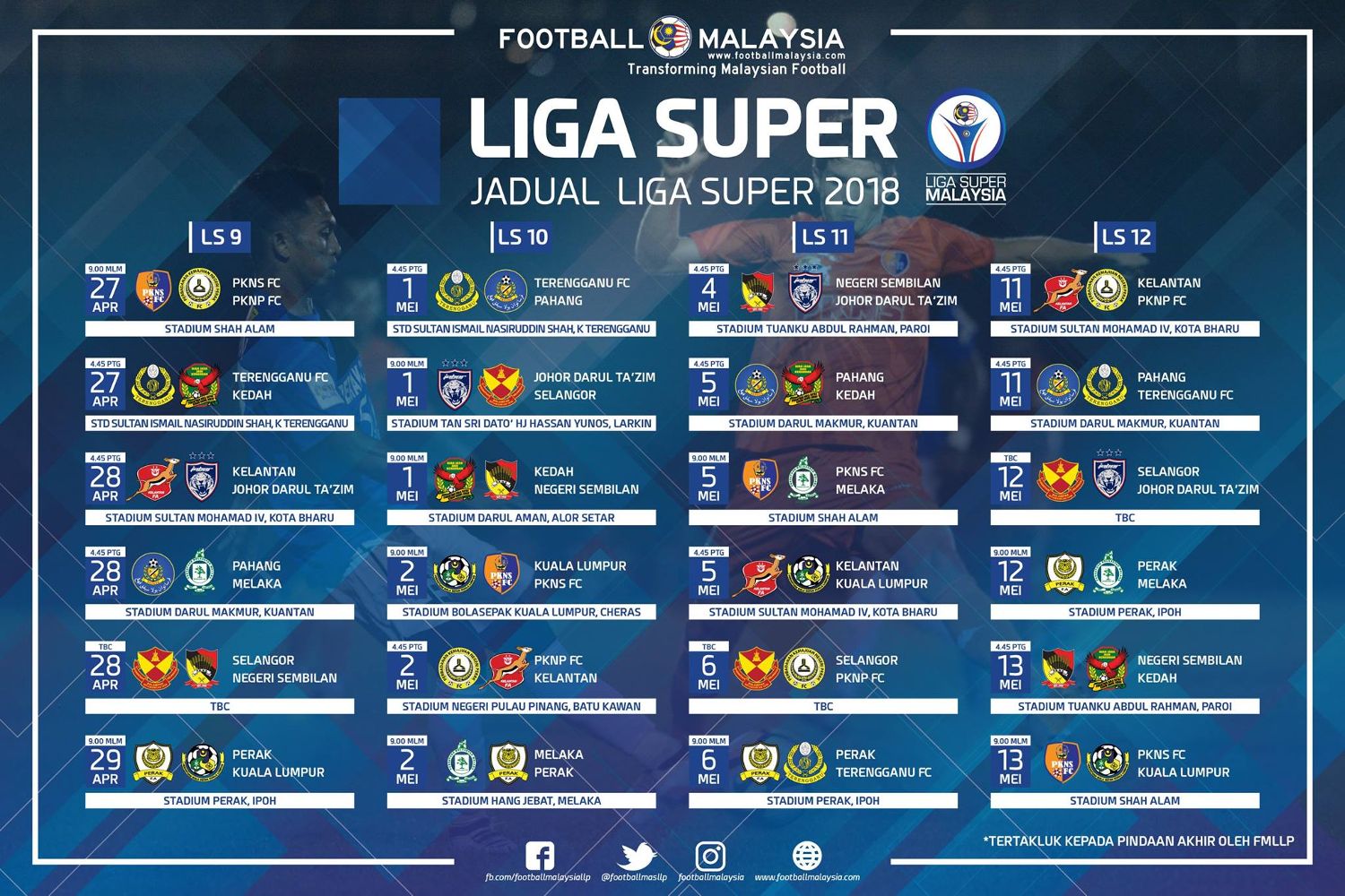Jadual Lengkap Liga Super 2018