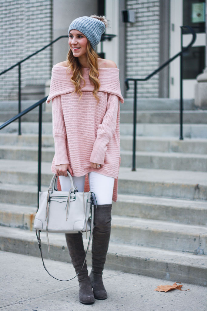 Blush Off the Shoulder Sweater Twenties Girl Style