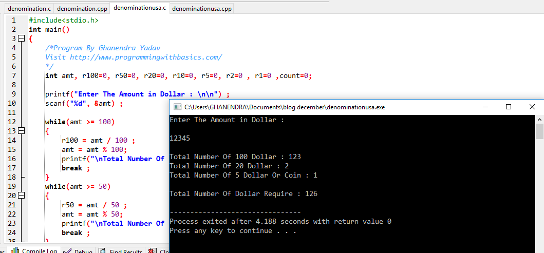 C Program For Denomination of an Amount Using While Loop