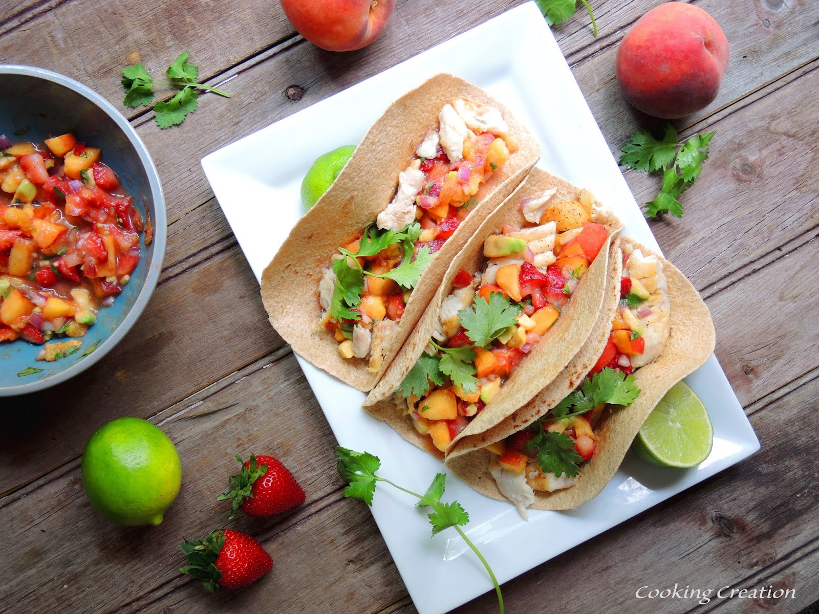 Cooking Creation Red Snapper Tacos with Strawberry & Peach Salsa