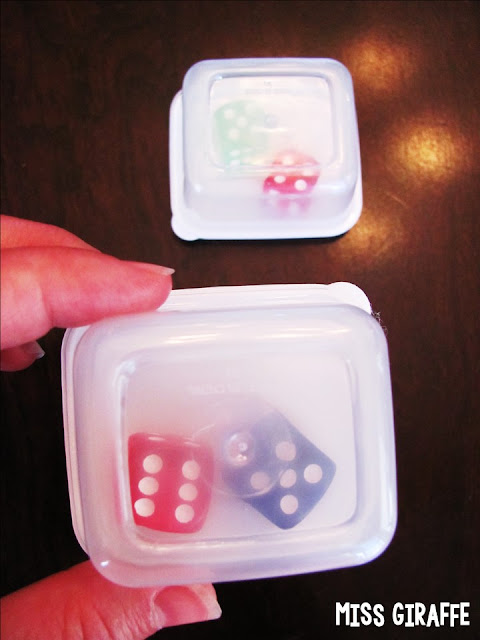 Put dice in little containers to create dice shakers for kids to grab and go during math centers... they're quieter and dice don't get lost on the floor!