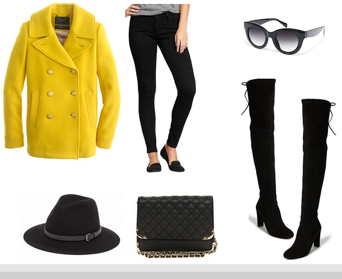  JCrew Majesty Pea Coat, Stuart Weitzman Highland Boots, Zara Chain Bag, Over The Knee Boots Outfits Idea