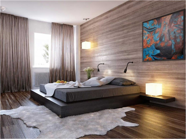Modernes-Schlafzimmer-mit-Holzverkleidung-und-brauner-Wandmalerei-schöner-Bodenbelag-mit-weißem-Teppich