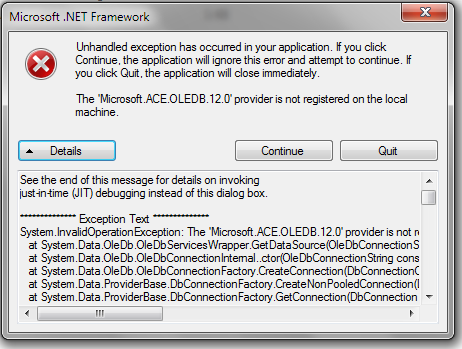 Exception txt. Ace.OLEDB.12.0. Microsoft.Ace.OLEDB.12.0 не зарегистрирован на локальном компьютере. Поставщик Microsoft Ace OLEDB.1 не зарегистрирован на локальном компьютере. Microsoft.Ace.OLEDB.12.0 как установить.
