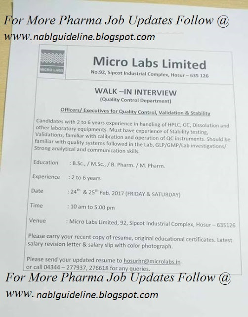 NABL GUIDELINES Micro Labs Limited. WalkIn Interviews For B.Sc/ M