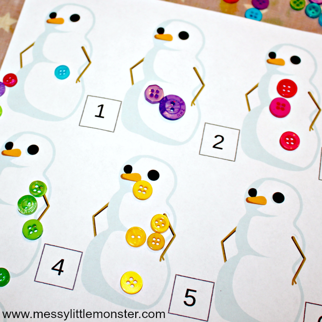printable snowman counting activity. A fun fingerprint counting idea for toddlers and preschoolers working on early counting and number recognition. Great for a snowman, winter or Christmas project.