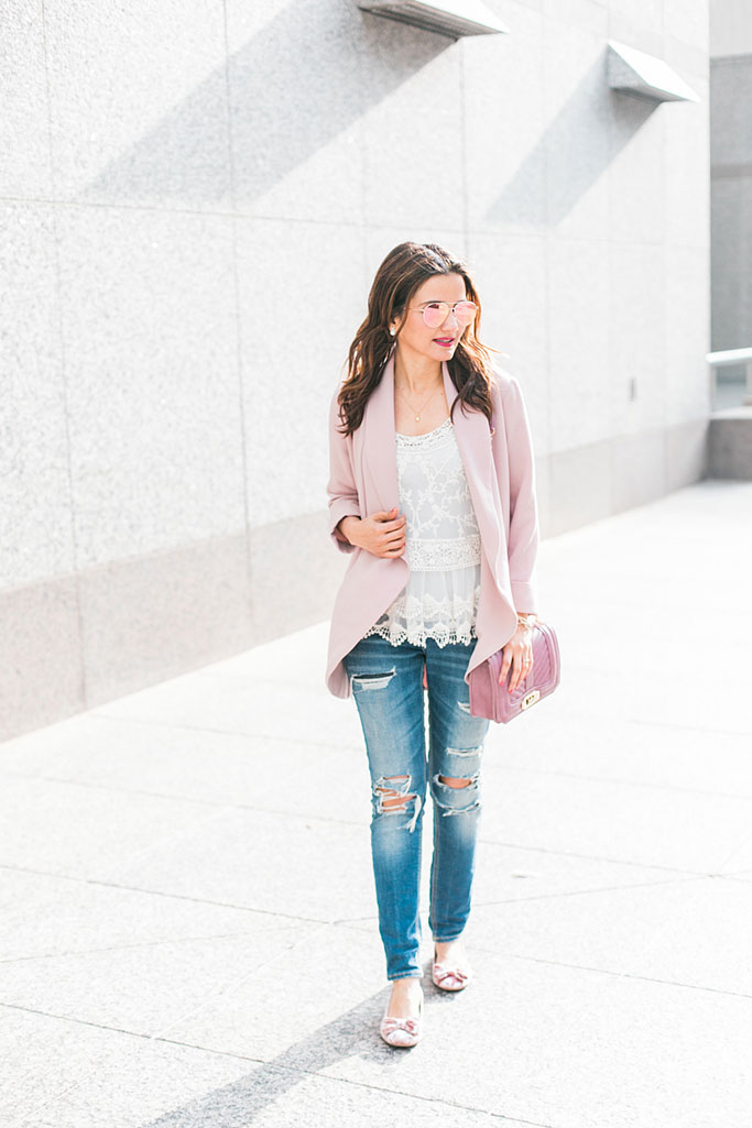 Pink-Blazer-Lace-Tank-Distressed-Jeans-Pink-Velvet-Bow-Flats-Blogger-Outfit