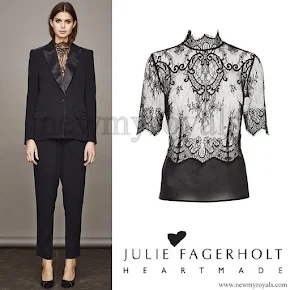 Crown princess Mary wore Heartmade - Julie Fagerholt lace shirt with high neck and short sleeves