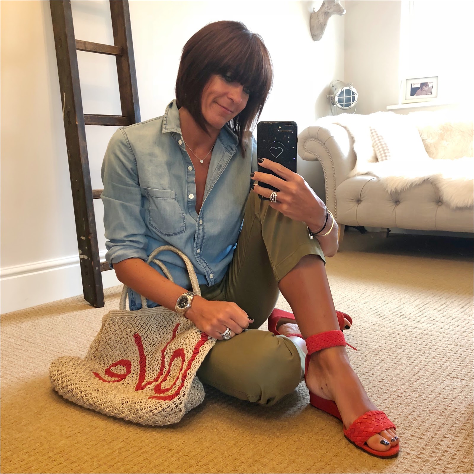 my midlife fashion, j crew perfect chambray shirt, j crew sammie chino cropped kick flare trousers, j crew suede woven wedge sandals, the jacksons love jute bag