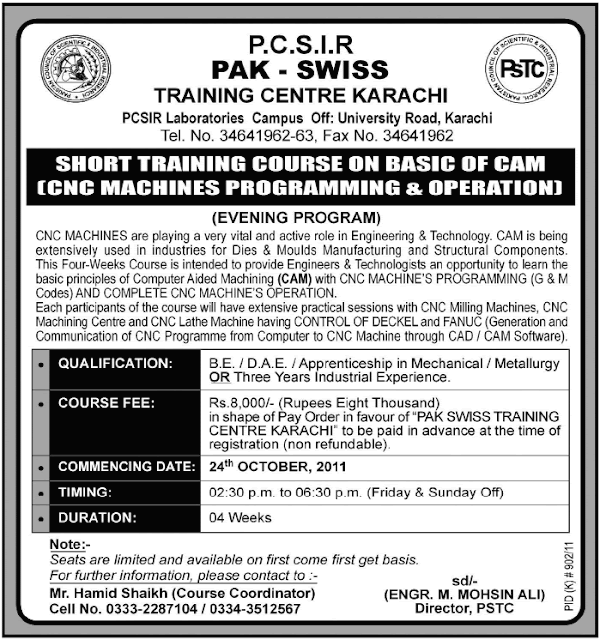 Admission in Pakistan P.C.S.I.R Pak Swiss Training Centre Karachi