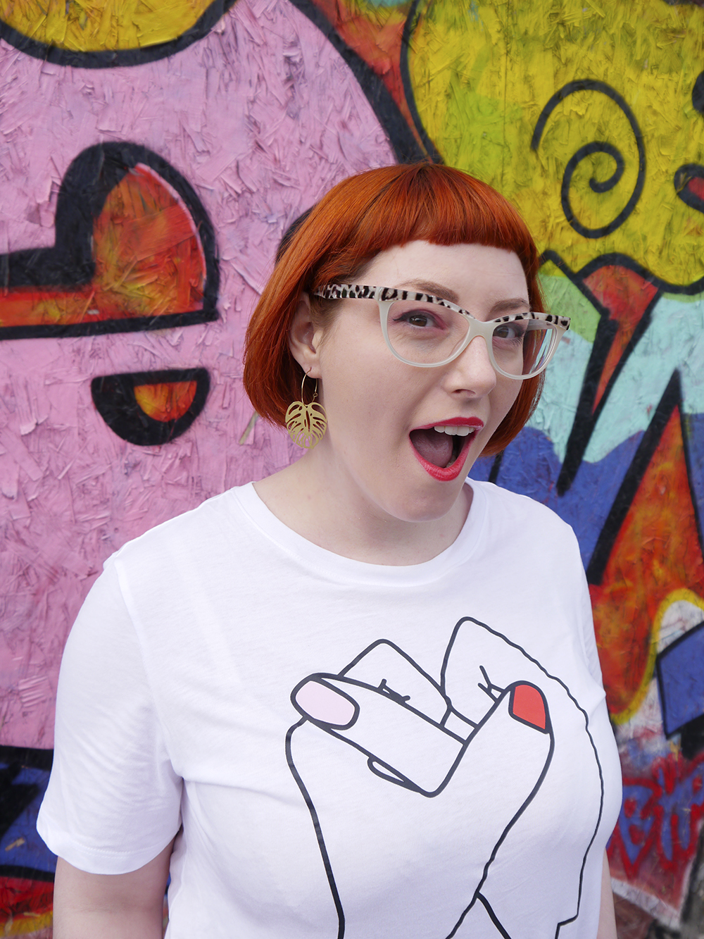 Scottish blogger Helen from Wardrobe Conversations wears earrins by Mica Peet and Spex Pistol glasses