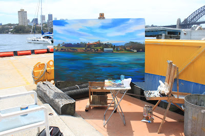Starting a large plein air painting of Goat Island from Moore's Wharf by artist Jane Bennett