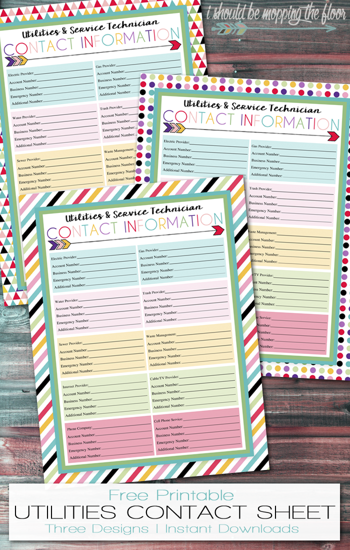 Free Printable Utility Provider Contact Sheet | This is a part of a series of over 30 free organizational printables from ishouldbemoppingthefloor.com | Three Designs & Instant Downloads