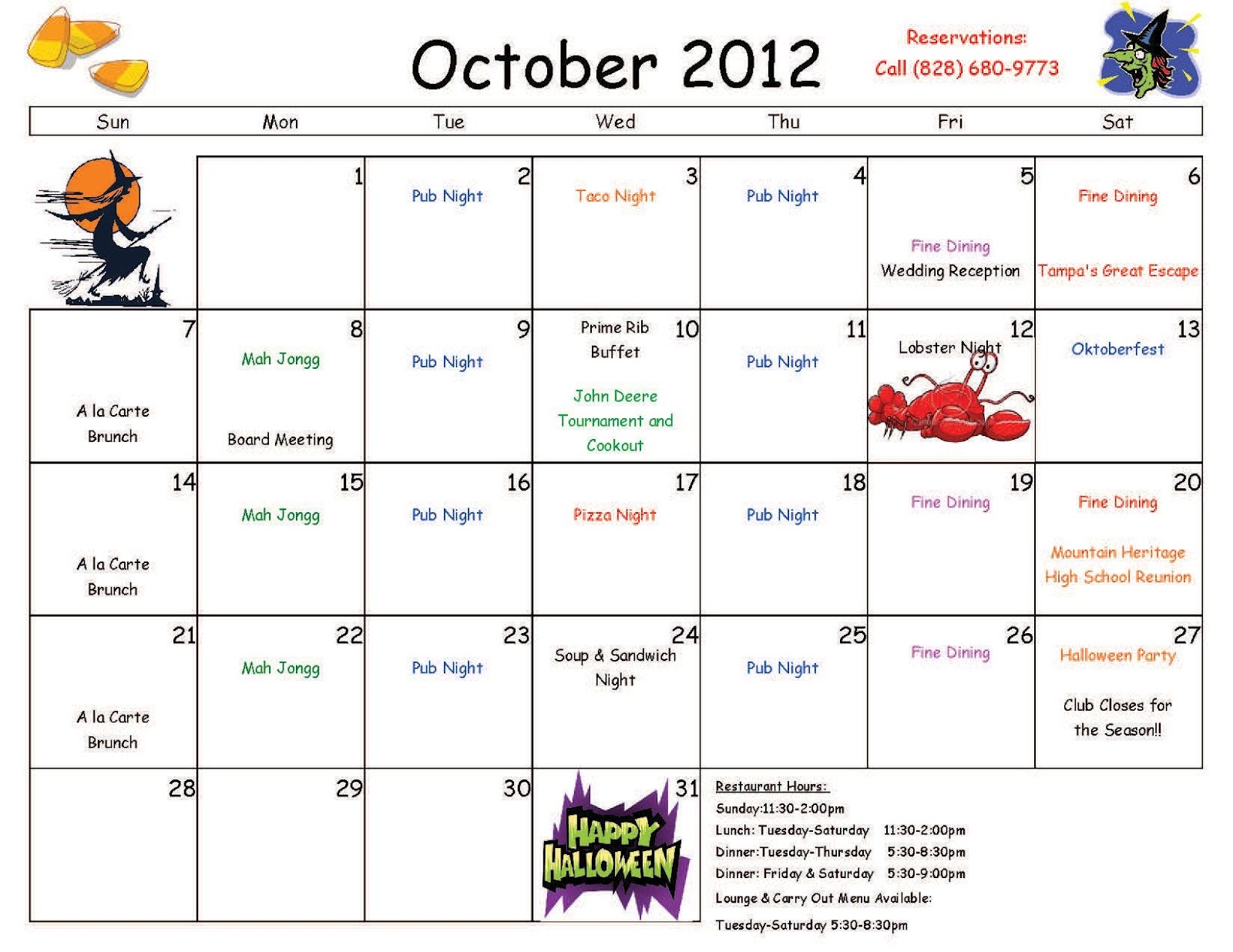 Wolf Laurel Country Club Bulletin Board October Calendar in Full
