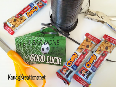 Wish your Soccer Team good luck with this team treat printable.  These tags work great on granola bars and read "Bar None we think you're awesome! Good Luck!"  They are great for pre-game treats or rooting during half time.