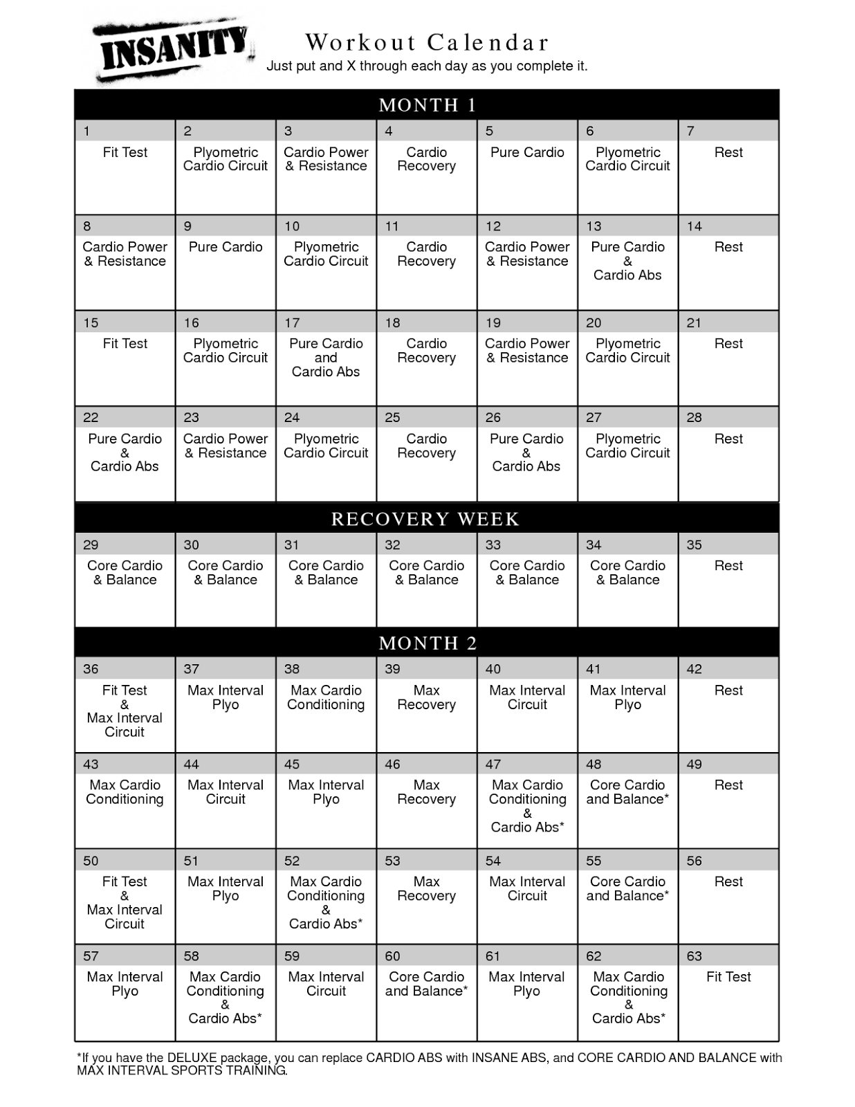 Insanity Workout Calendar