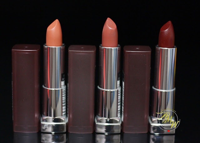 a photo of Maybelline Creamy Matte Lipsticks by Colorsensational Review in shades Nude Nuance , Clay Crush, Divine Wine and Burgundy Blush.