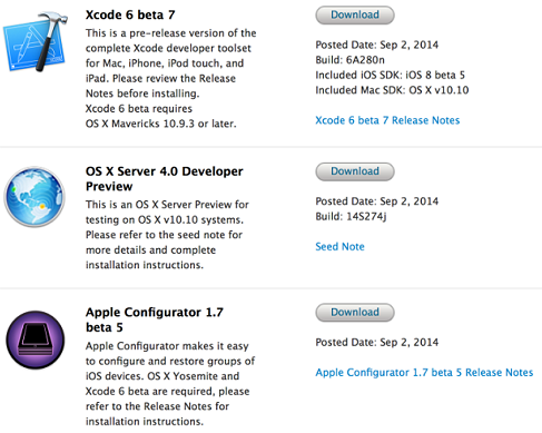 OS X Server 4.0 Developer Preview 5 (DP5) (Build 14S274j), Xcode 6 Beta 7 (Build 6A280n), Apple Configurator 1.7 Beta 5 and OS X Yosemite Recovery 2.0 Updates