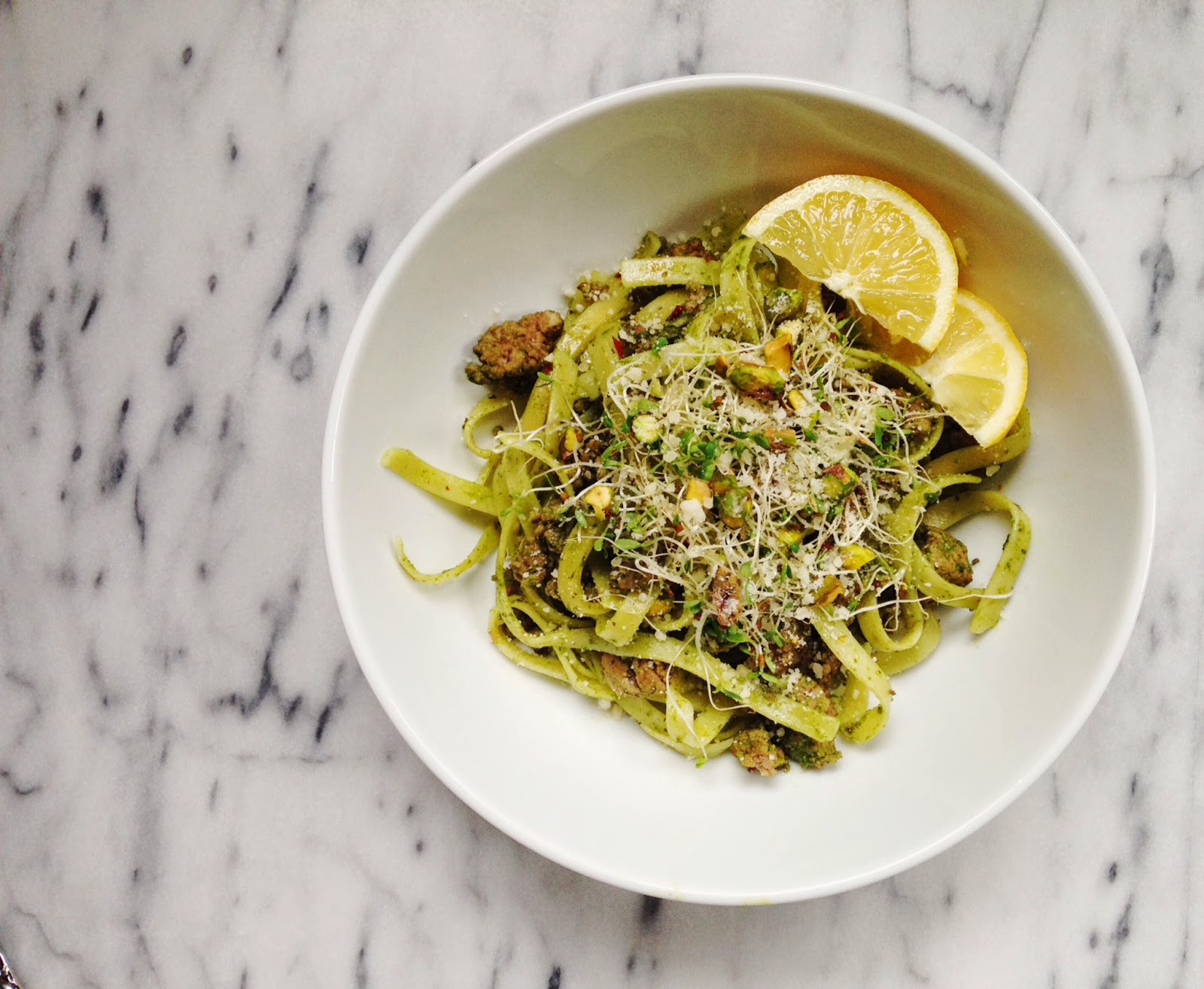 little kitchie pistachio pesto pasta with lamb