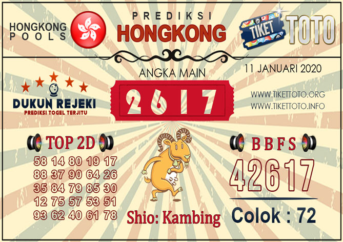 Prediksi Togel HONGKONG TIKETTOTO 11 JANUARI 2020