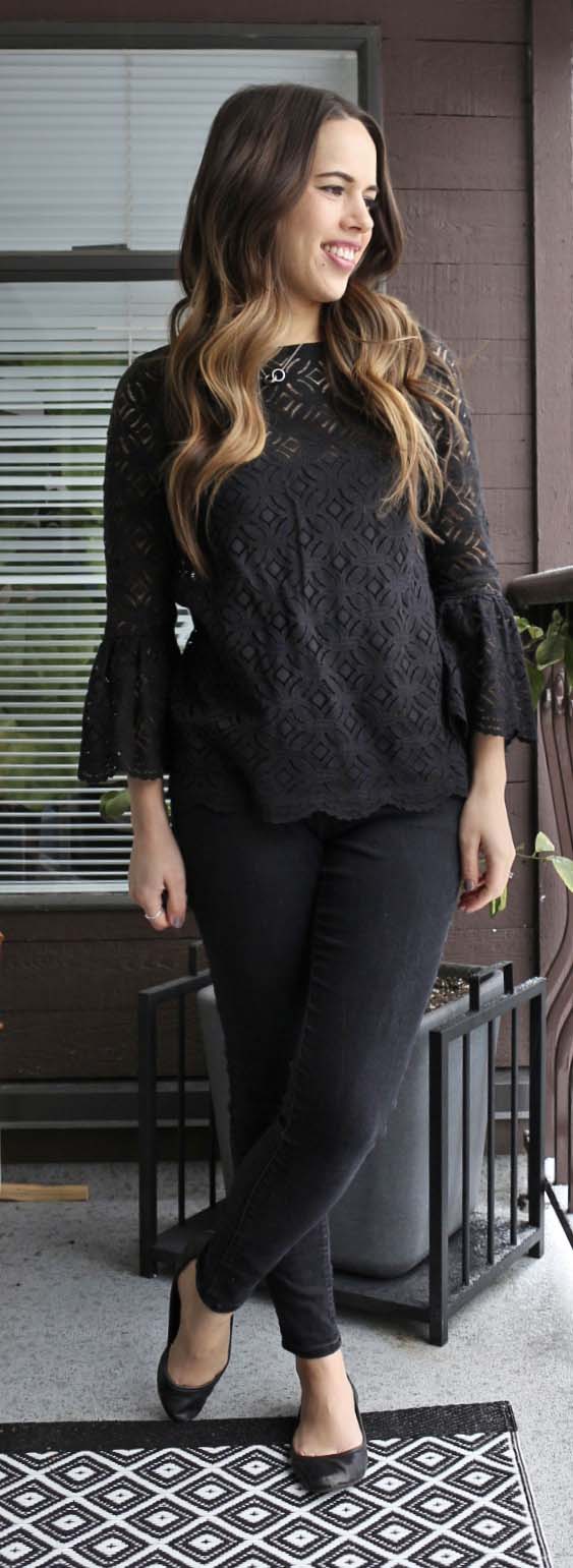 Jules in Flats - H&M Bell Sleeve Blouse + Old Navy Rockstar Skinny Jeans