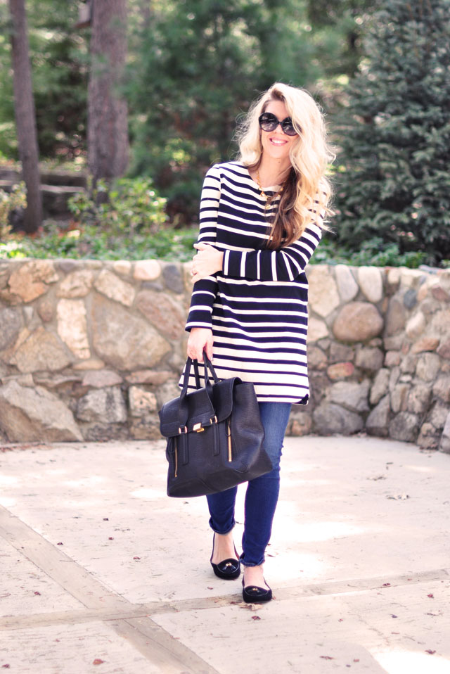 striped shift dress with skinny jeans and loafers