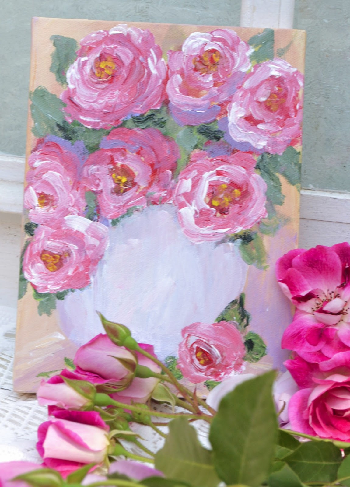 My Painted Garden: Painting Glorious Pink Roses for Debra's Cottage