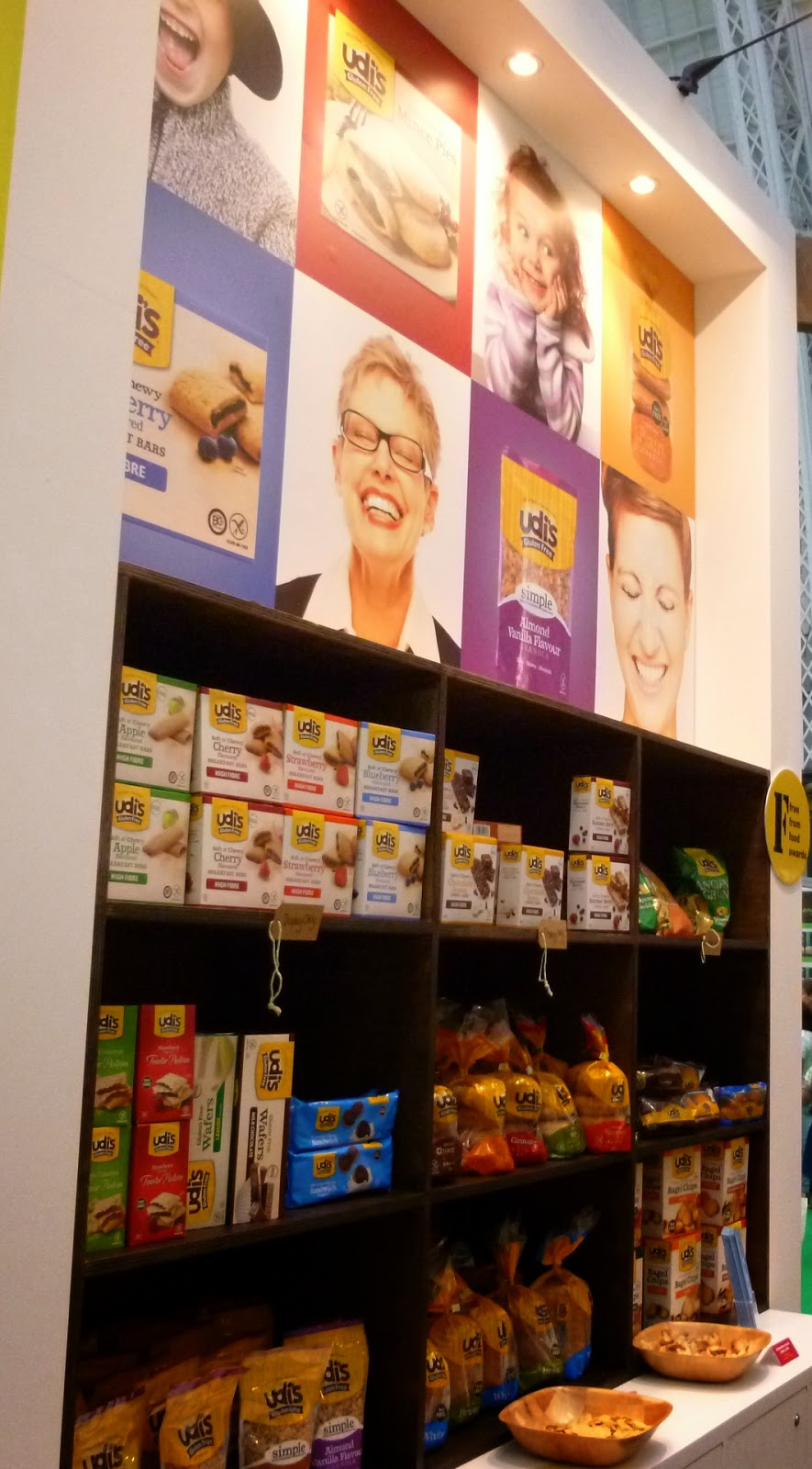 A wall of Udi's gluten free products at the Allergy and Free From Show in London