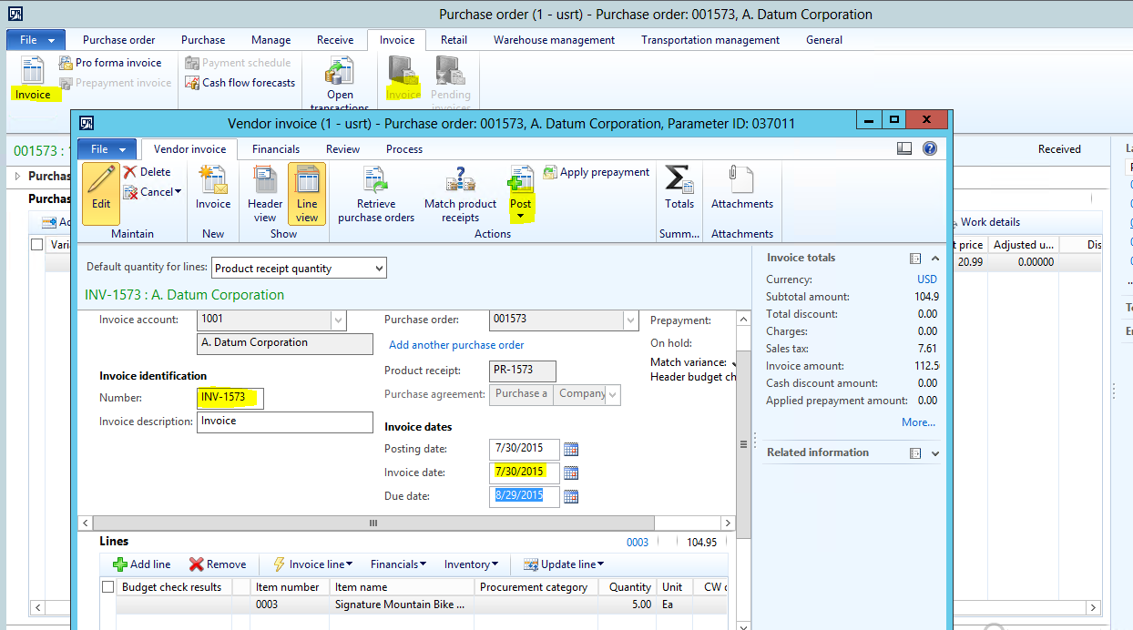Dynamics AX: Purchase order and financial impact