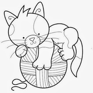 desenho do gatinho em cima de novelo de la para pintar
