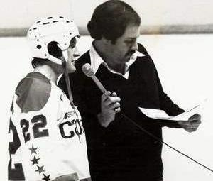 Marv Brooks, voice of Capital Centre, also did Telscreen interviews. (Here with Ron Lalonde - Book Pg. 183)