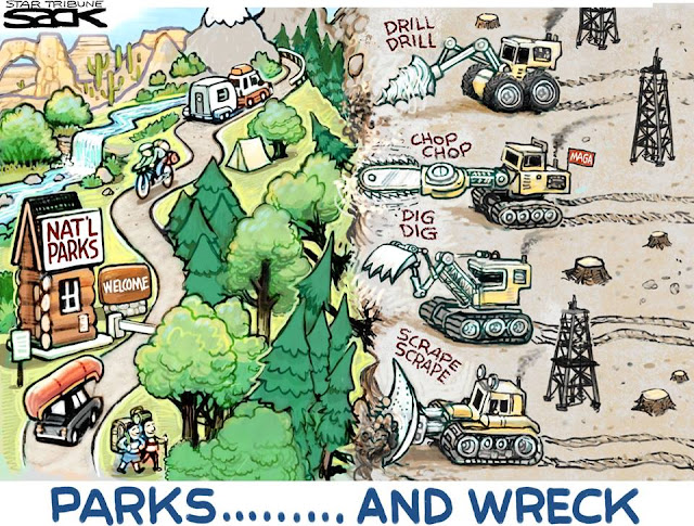 Title:  Parks . . . and Wreck.  Image:  Line of bulldozers and other heavy equipment heading towards a national park, leaving devastation in their paths.